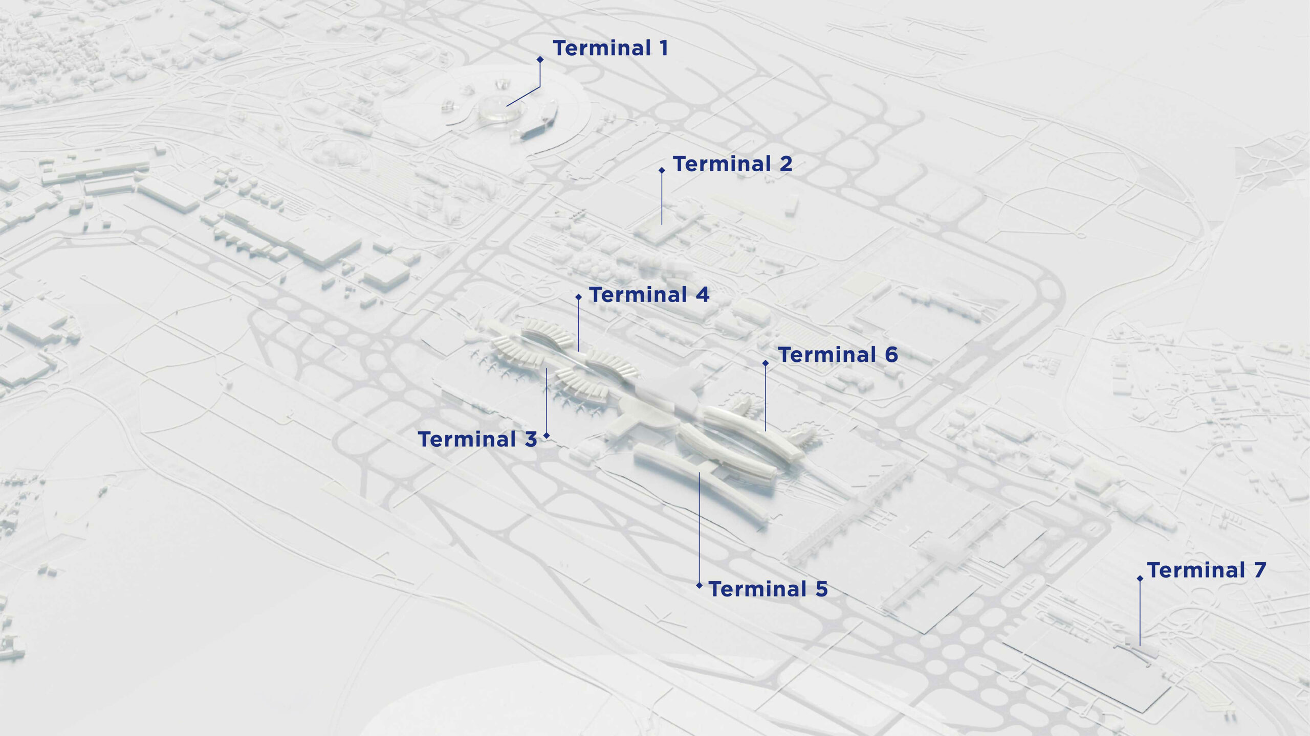 A stylized, monochromatic 3D map of Paris-Charles de Gaulle Airport showcasing the new terminal naming system coming in March 2027. Seven terminal buildings are spread across the airport grounds, labeled numerically from Terminal 1 to Terminal 7 with blue text and leader lines. The layout reflects a simplified navigational flow, removing the current lettered subdivisions (A, B, C, D, E, F, G) for the main terminal names.