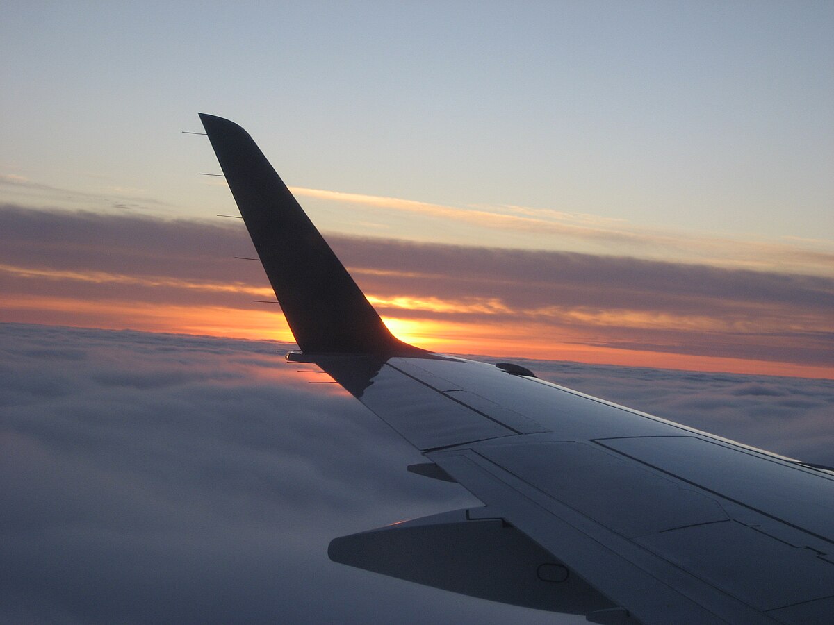 Plane wing at sunset