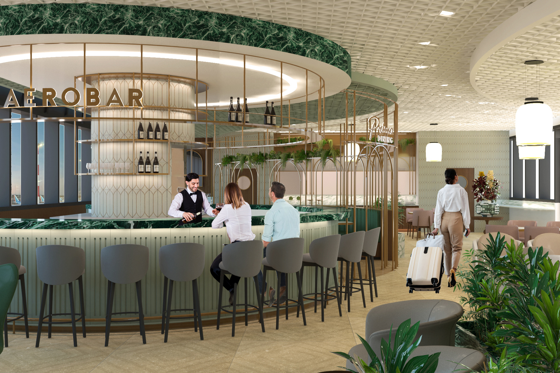 A rendering of the new Aerobar, a feature within the Plaza Premium First Lounge located at Rome Fiumicino Airport (FCO). 
