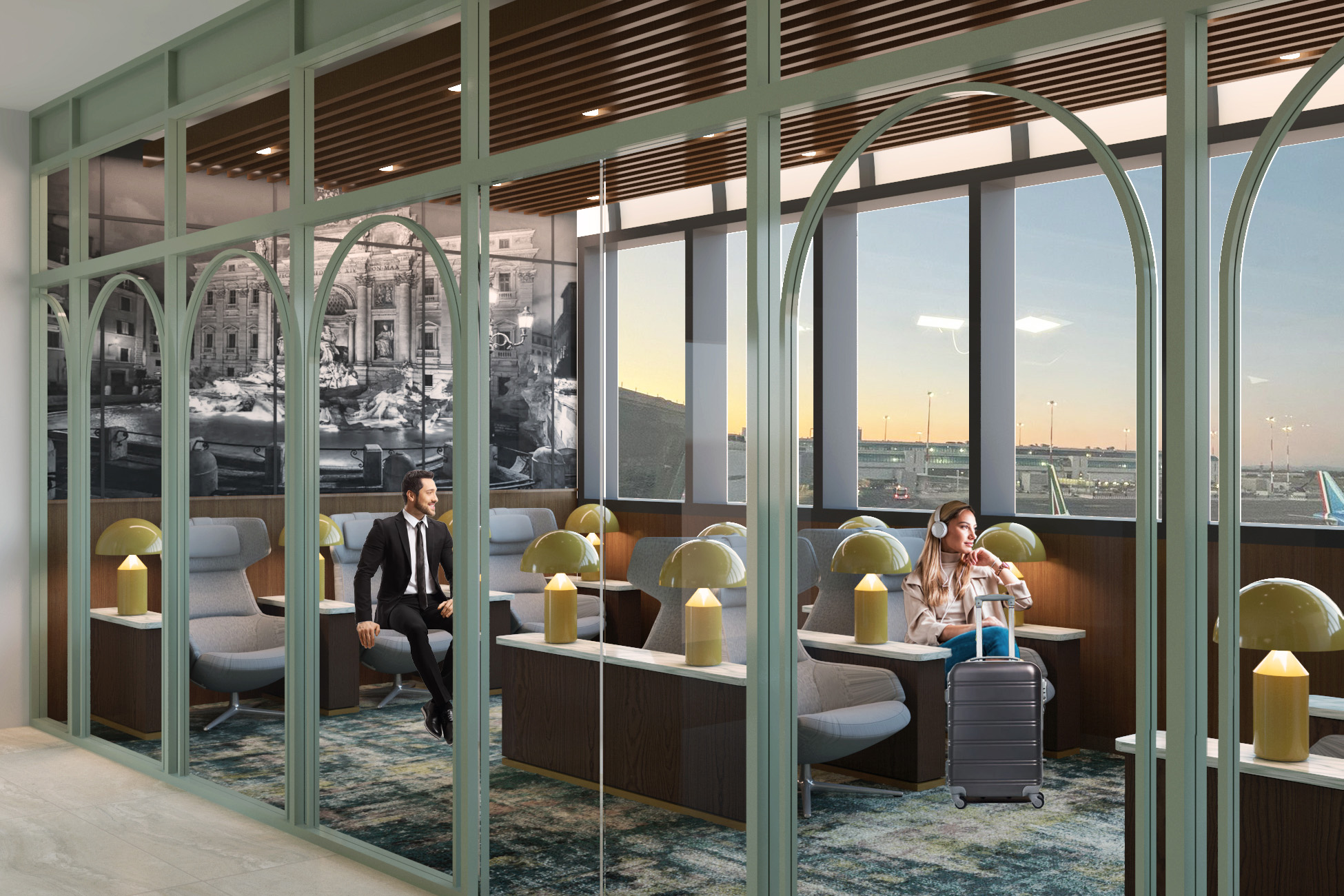 An artist's rendering of the new Plaza Premium First lounge located at the Rome Fiumicino Airport (FCO). 