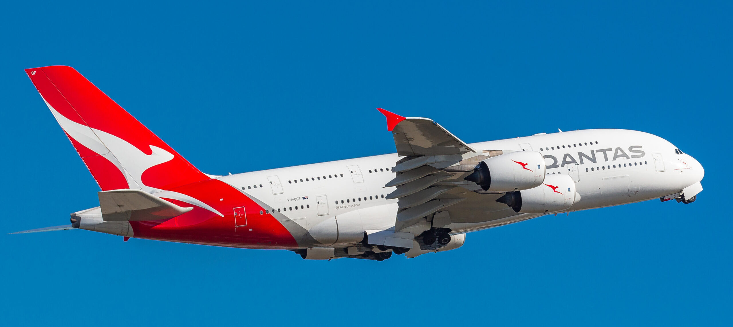 Airbus 380 from Qantas Airways flying in clear blue sky