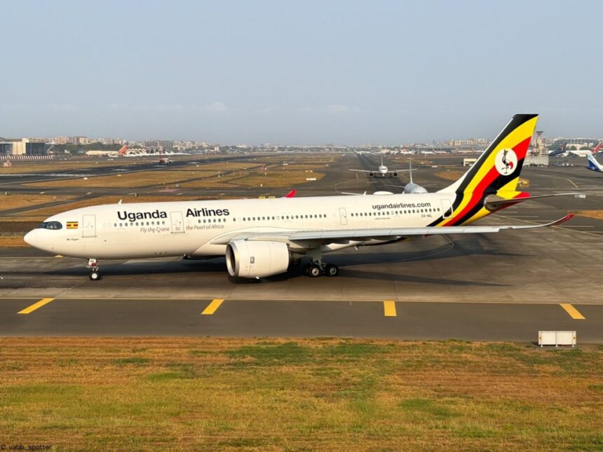 A Uganda Airlines B787 circling the runway.
