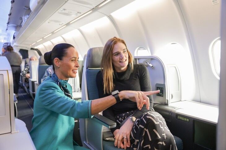 Picture shows Tracy Doyle, Aer Lingus Cabin Crew with career guidance counsellor Paula Clinton, Coláiste na Mí, Co. Meath. Aer Lingus welcomed 200 career guidance counsellors and 80 aviation students for an interactive event highlighting career opportunities for women in aviation ahead of International Women’s Day. With women underrepresented in many areas of the aviation industry worldwide, the event included a one-hour flight on an Aer Lingus A330, behind the scenes tours of Aer Lingus’ engineering operations, keynote speeches, and Q&A sessions with female aviation professionals. The event showcased the breadth of career paths available, inspiring the next generation of women in aviation. 