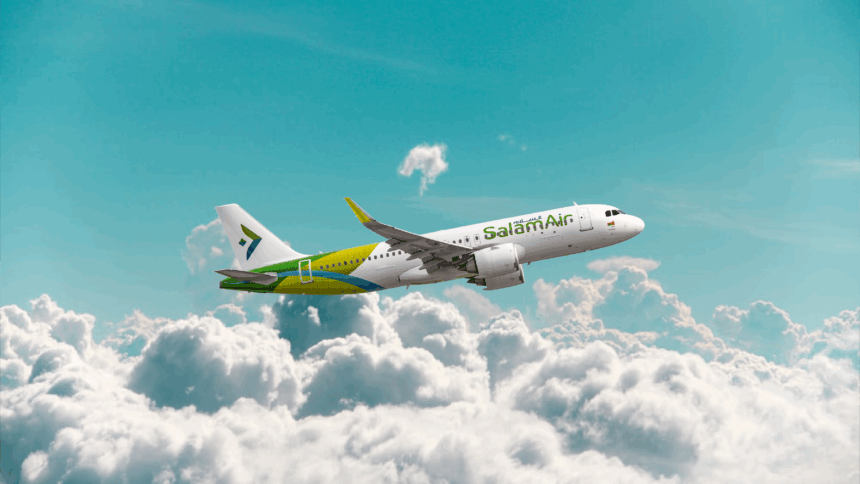 SalamAir Airbus A320 flying above the clouds.