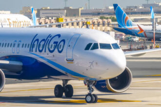 A photo of a IndiGo Airline plane on taxi from landing at Dubai DXB airport