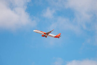 An easyJet plane flying against a blue sky.