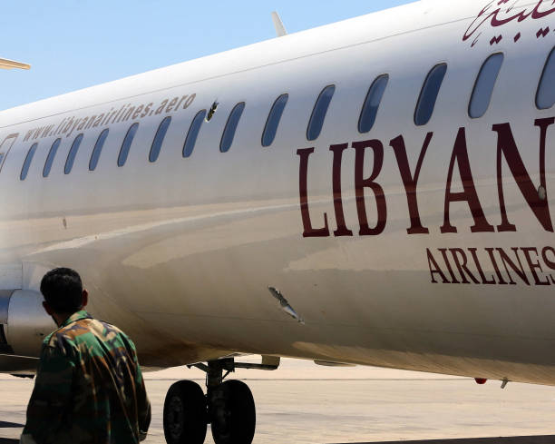 An image of the wide body of an Libyan Airline aircraft