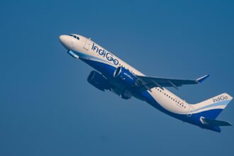 An IndiGo Arlines Airbus A320 taking off.