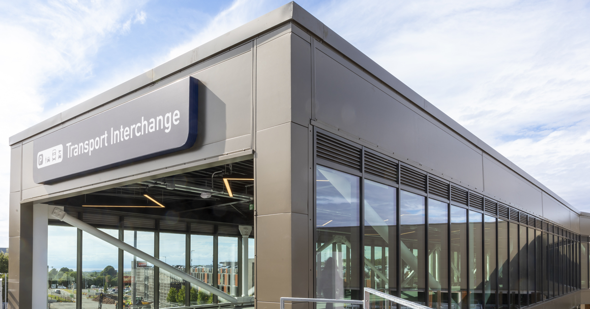 The Bristol Airport Public Transport Interchange building from the outside.