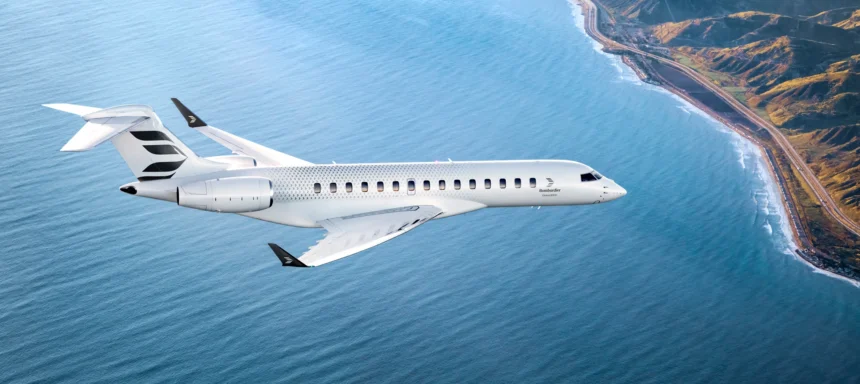 Bombardier Global 8000 ultra-long-range business jet flying over coastline, fastest business jet since Concorde