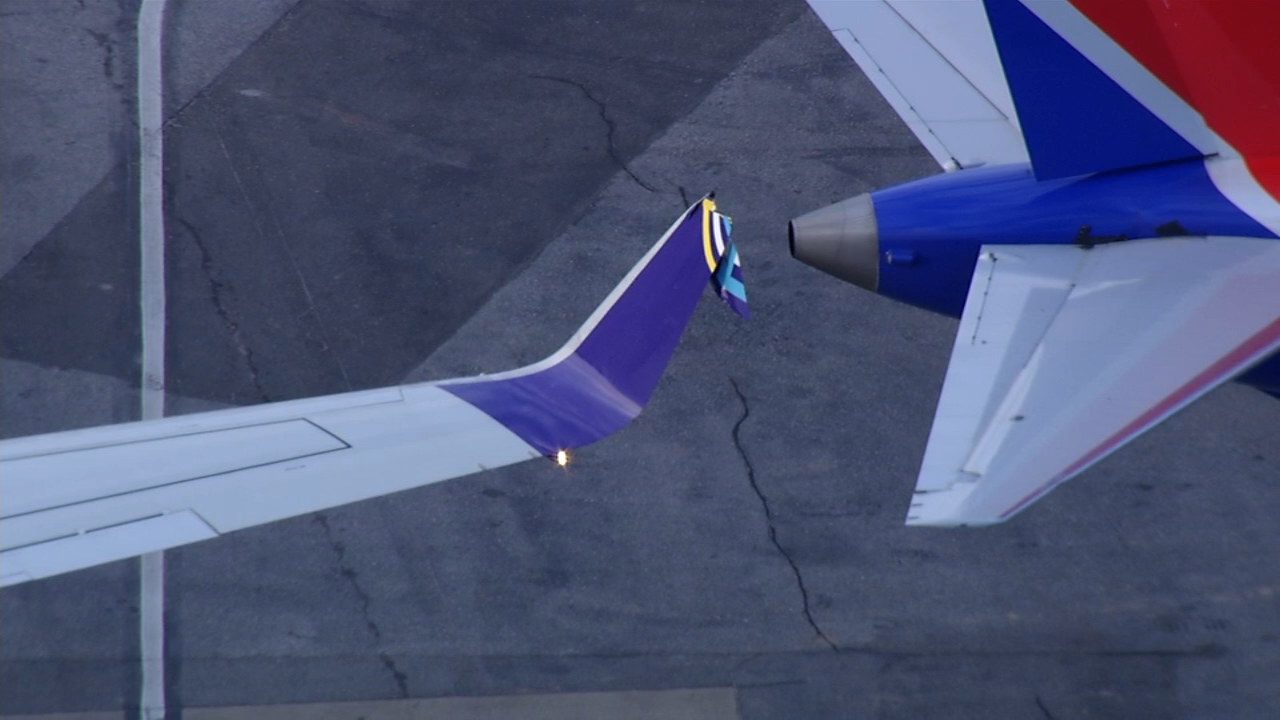 Close up of aircraft damage sustained during ground collision at Raleigh-Durham International © ABC 11 