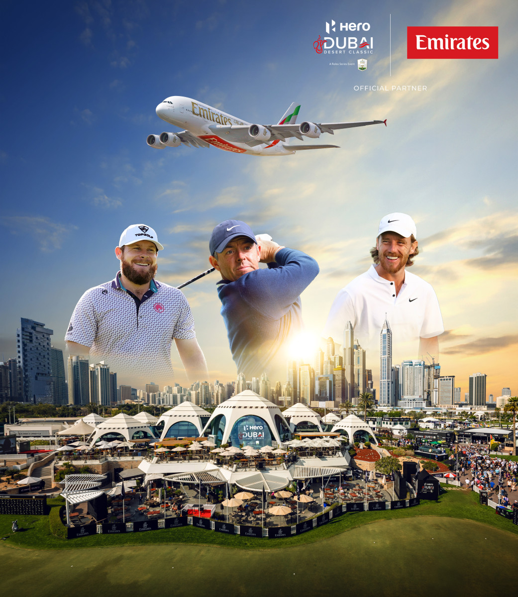 A photoshopped poster with three golf players, tents for an event, the Dubai skyline and an Emirates jetliner flying above. 