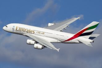 Emirates Airbus A380 in flight