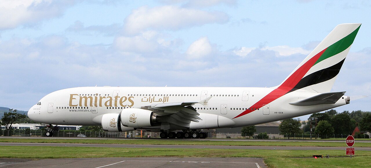 Emirates aircraft on the tarmac, after landing at Glasgow Airport.