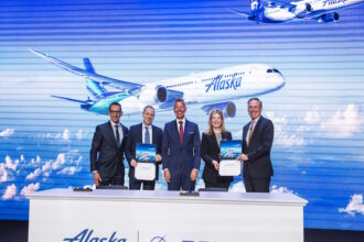 Leaders from Alaska Airlines, Boeing, and the U.S. Department of Transportation at the historic fleet order announcement press conference in Seattle.