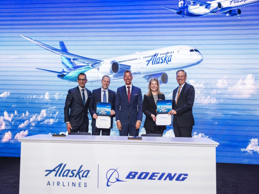 Leaders from Alaska Airlines, Boeing, and the U.S. Department of Transportation at the historic fleet order announcement press conference in Seattle.