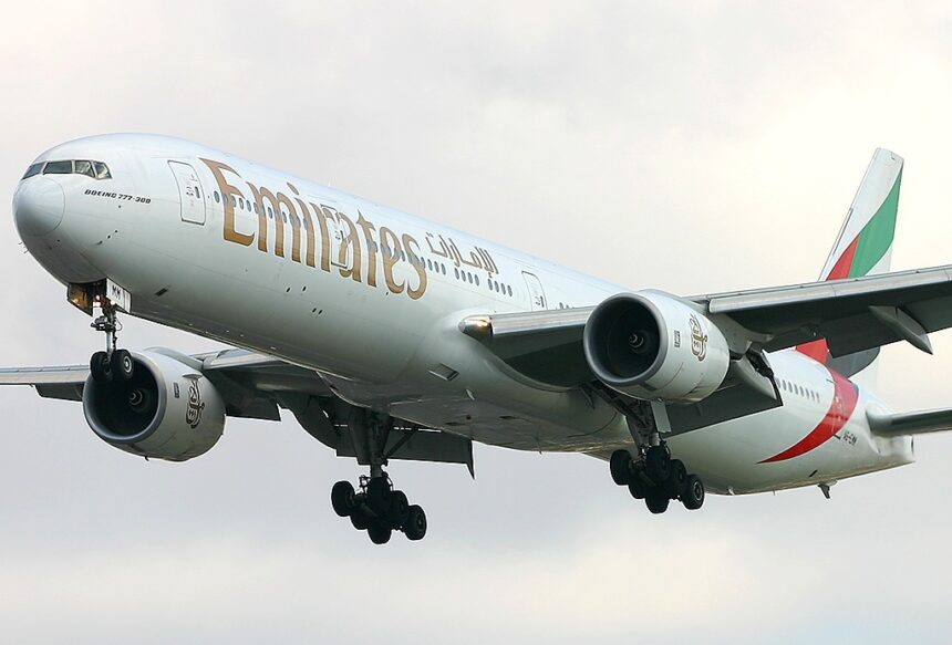 Emirates Airline Boeing 777-31H in flight