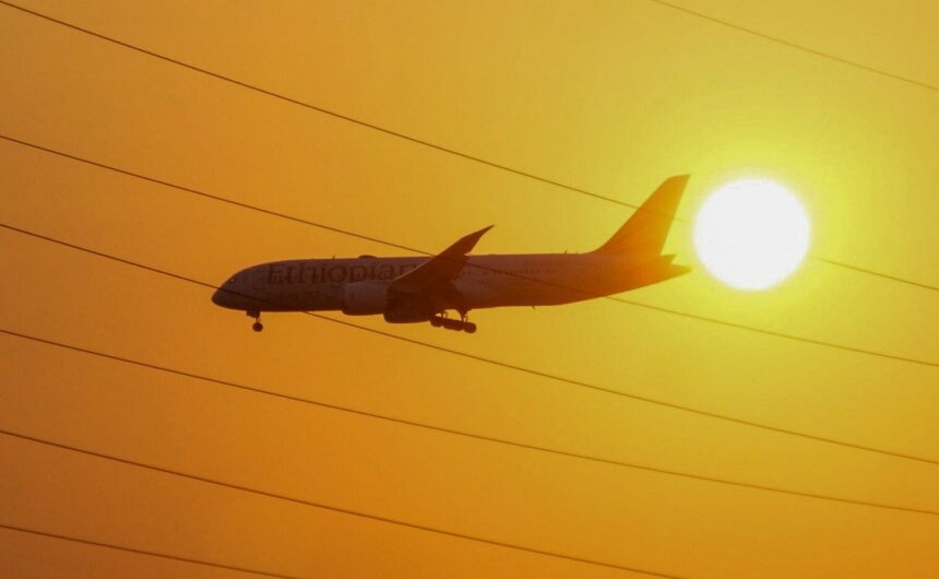 An Ethiopian Airlines aircraft arrives at Moi International Airport in Mombasa, Kenya