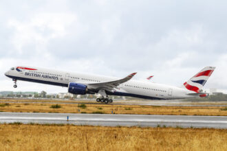An Airbus A350-1000 lifting off from the runway