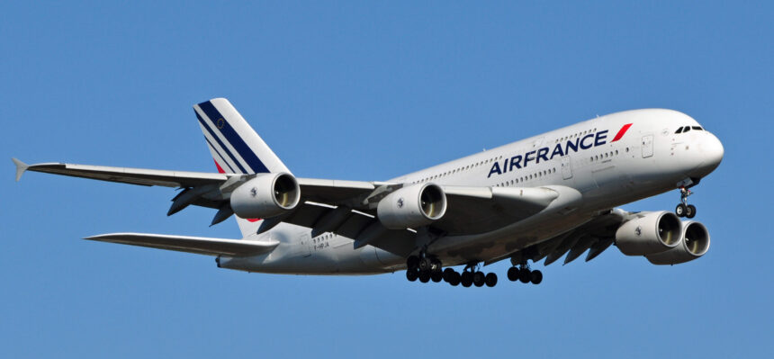 Air France A380 aircraft flying in the blue sky.