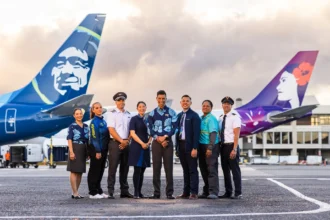 Alaska Airlines crew with Hawaiian Airlines crew in front of aircraft.