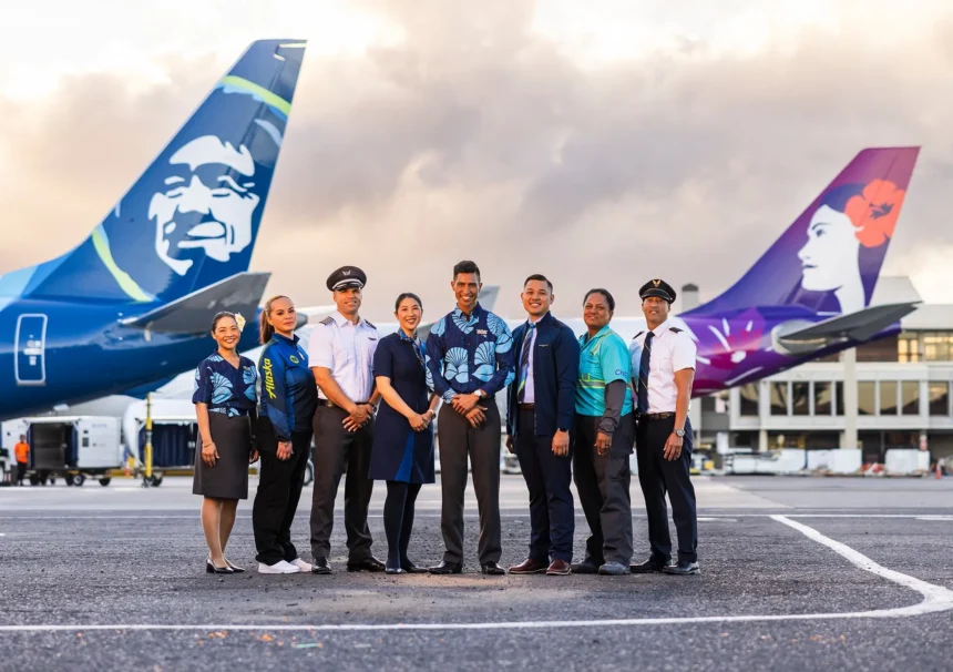 Alaska Airlines crew with Hawaiian Airlines crew in front of aircraft.
