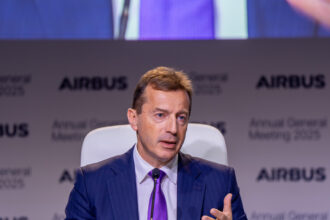 Airbus CEO Guillaume Faury speaking at the Annual General Meeting of 2025 in Amsterdam.