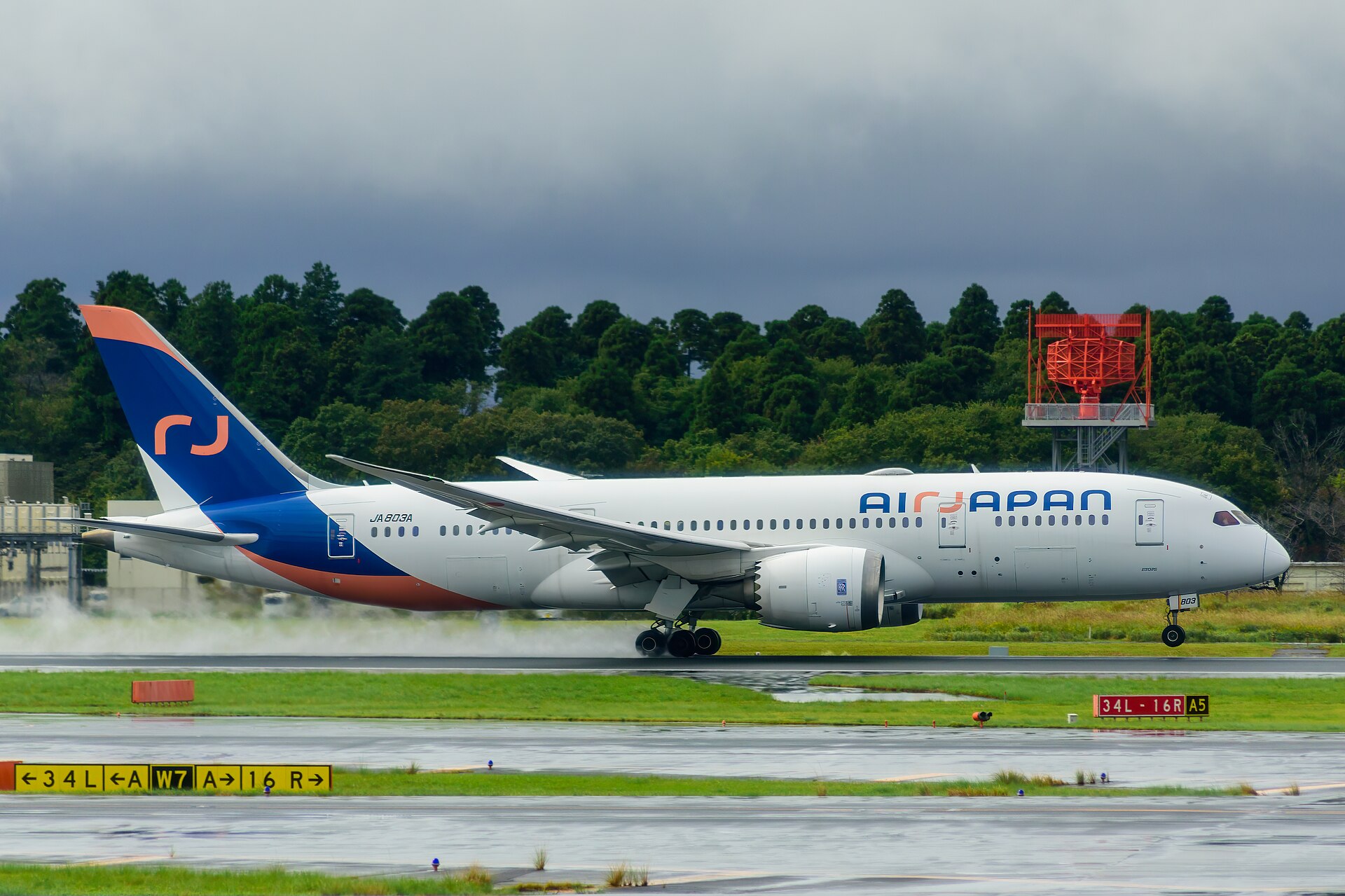An Air Japan Boeing 787-8 Dreamliner (registration JA803A) taxiing on a wet runway under a grey, overcast sky. The aircraft features a white fuselage with 