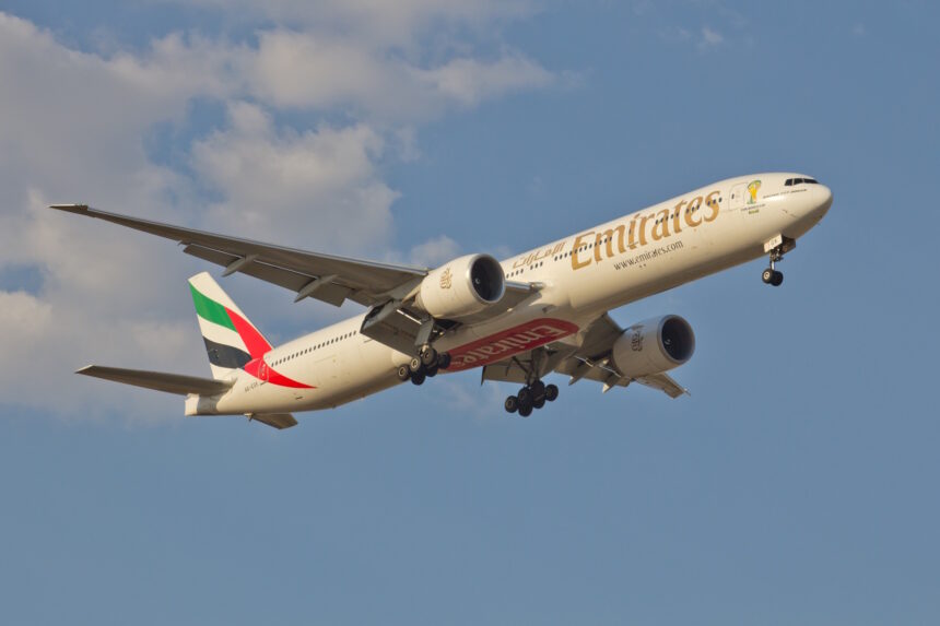 An Emirates Boeing 777-300ER aircraft in flight. It is a part of the retrofit programme.