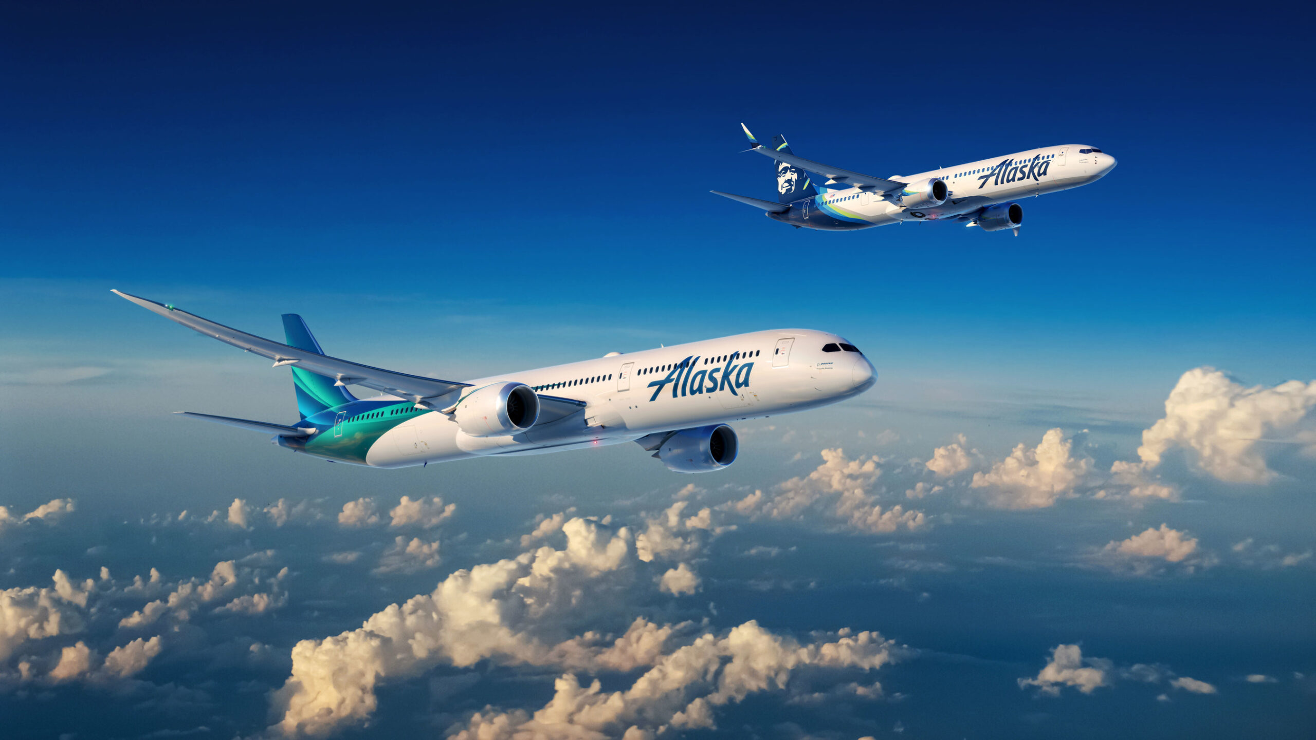 A montage of two Alaska Airlines Boeing aircraft in the sky
