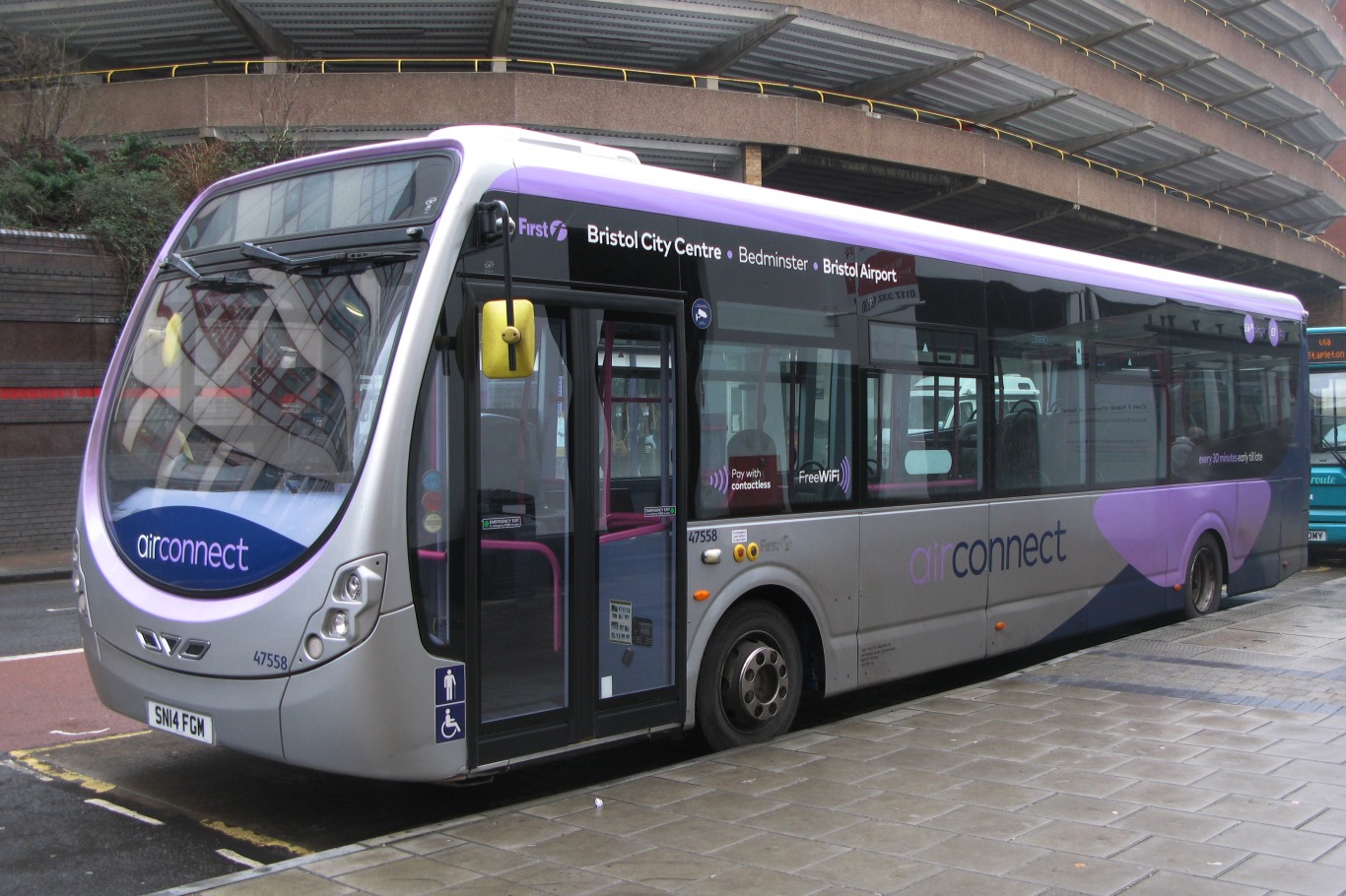 An Air Connect bus from Bristol City Centre to Bristol Airport, parked.