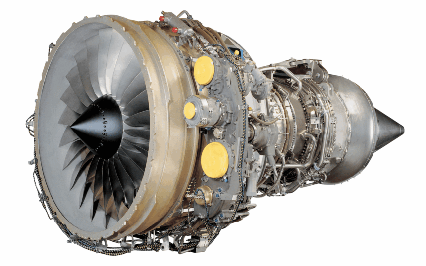 An image of an CF34-10E engine commonly found in Embraer aircrafts.