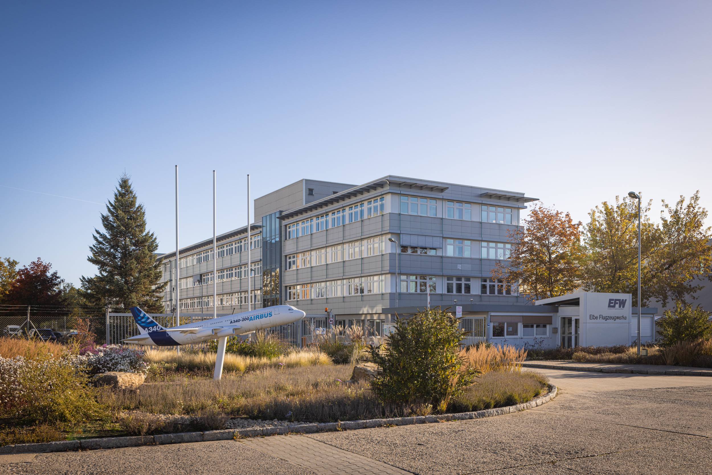 Exterior view of the Elbe Flugzeugwerke GmbH (EFW) factory in Dresden, Germany.