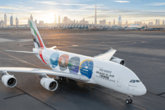 An Emirates Airbus A380-800 parked on the tarmac at Dubai International Airport at sunrise. The aircraft features a special "Grand Slam Tennis" livery with four colorful tennis ball icons representing the Australian Open, Roland-Garros, Wimbledon, and the US Open. The Dubai skyline, featuring the Burj Khalifa, is visible in the background under a soft morning sky.