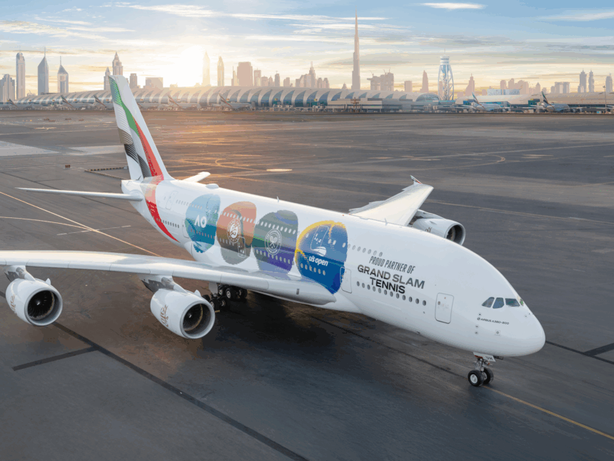 An Emirates Airbus A380-800 parked on the tarmac at Dubai International Airport at sunrise. The aircraft features a special "Grand Slam Tennis" livery with four colorful tennis ball icons representing the Australian Open, Roland-Garros, Wimbledon, and the US Open. The Dubai skyline, featuring the Burj Khalifa, is visible in the background under a soft morning sky.