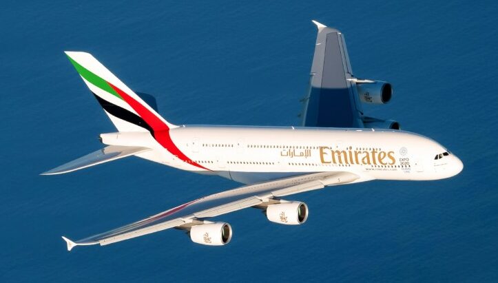 An aerial, high-angle view of an Emirates Airbus A380-800 flying over a deep blue sea. The double-decker aircraft is painted in the classic white Emirates livery, featuring the United Arab Emirates flag on the tail fin and the 
