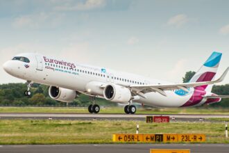 Eurowings launches two new routes from London Gatwick. Eurowings aircraft flying from Gatwick mockup