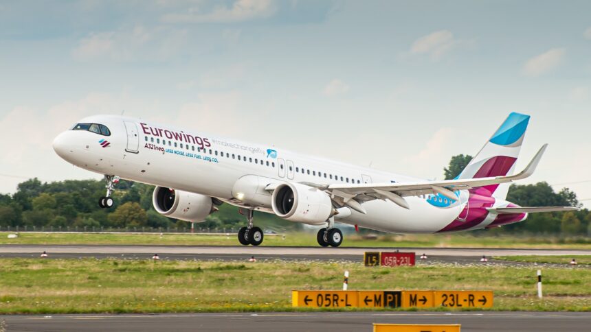 Eurowings launches two new routes from London Gatwick. Eurowings aircraft flying from Gatwick mockup