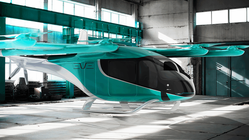 An electric aircraft design by Eve Air Mobility as as part of their eVTOL program.