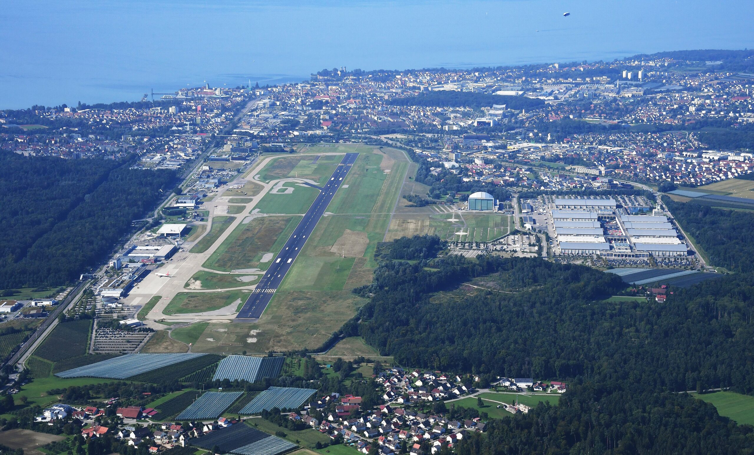 Aerial image of Friedrichshafen airport (FDH), also known as Bodensee Airport.