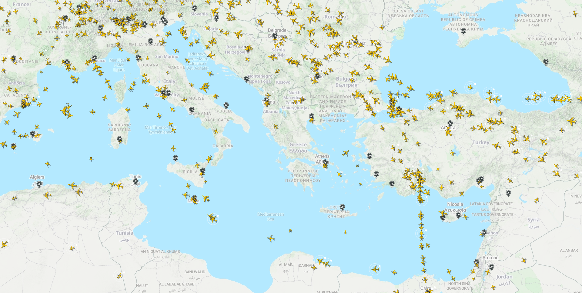 Flight tracking data over Greece on Jan 4. at 11.03 a.m showing very limited flight activity in the region.