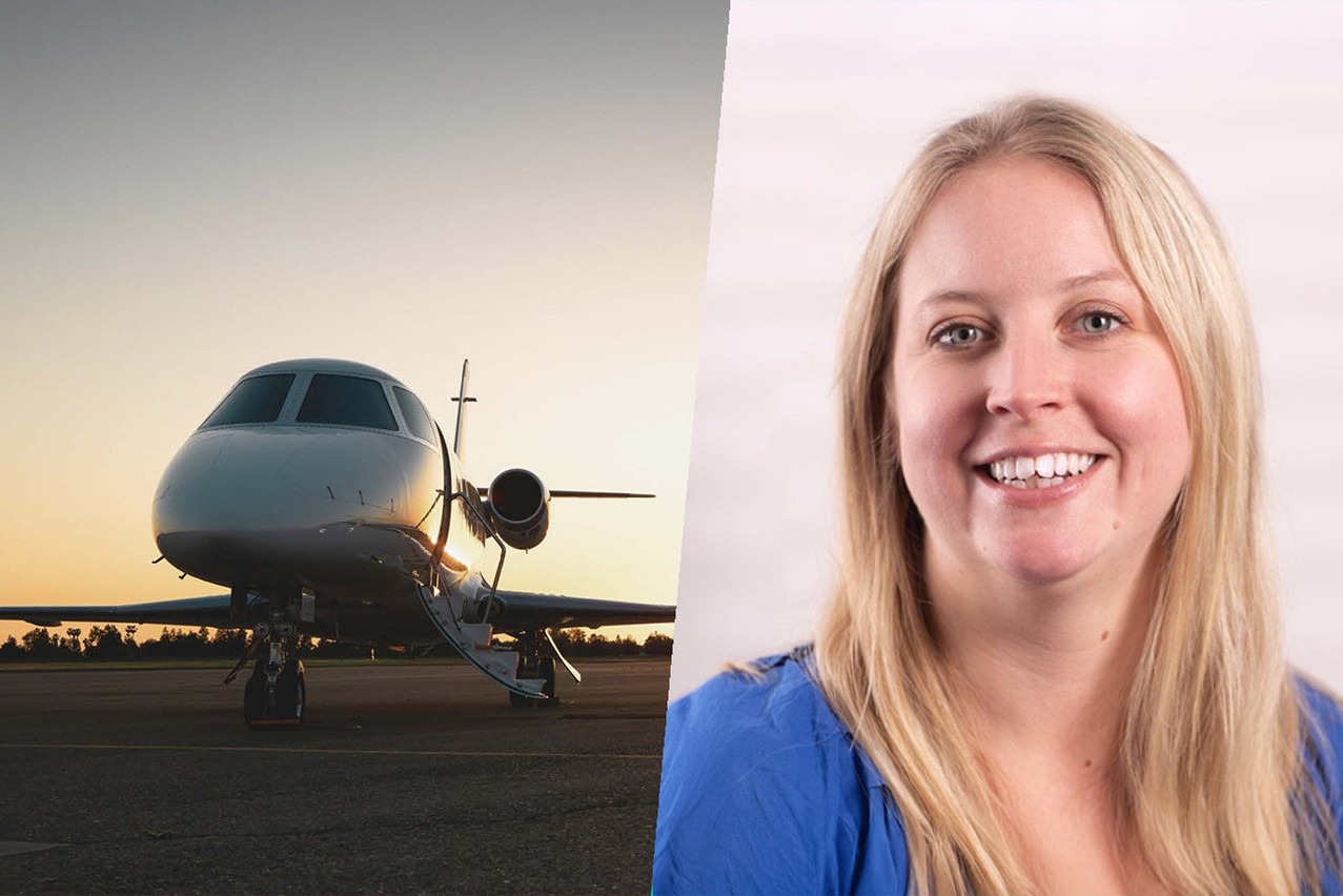 On the right is a private jet, on the left is a picture of Helen Hollis, new managing director.