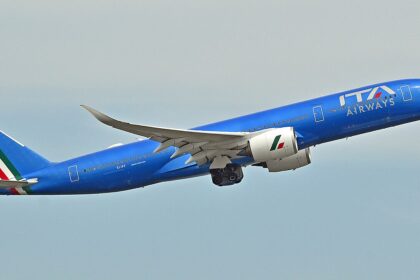 ITA Airways aircraft, flying the the sky.