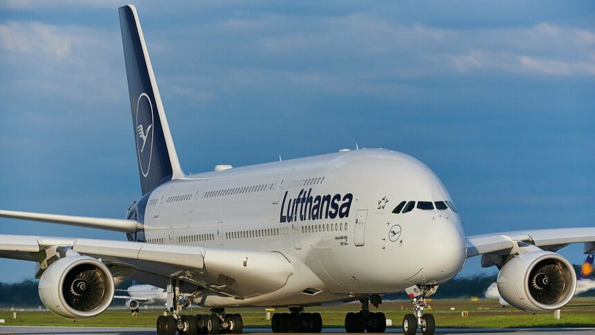 A Lufthansa aircraft sits on the runway under a blue sky, its bright white fuselage clearly visible