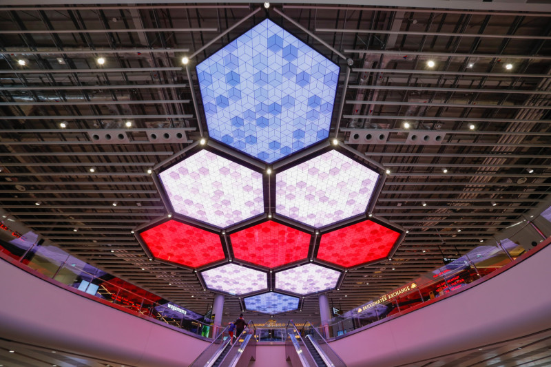 Manchester Airport T2 lights in red, white and blue