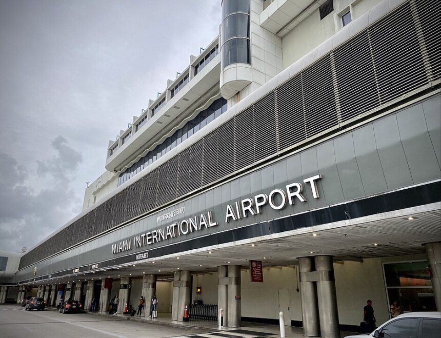 Exterior of Miami International Airport showing the terminal entrance.