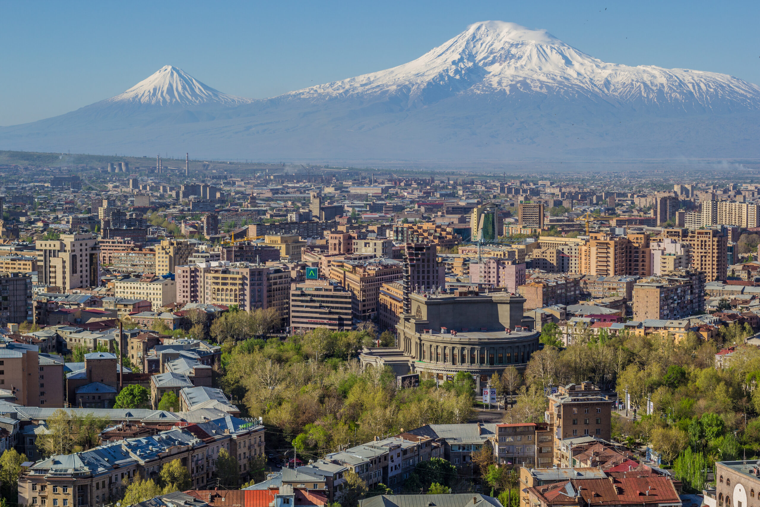 Mount Ararat and the Yerevan skyline. The Opera house is visible in the centre. 