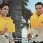 Two men wearing life vests in a confrontation.