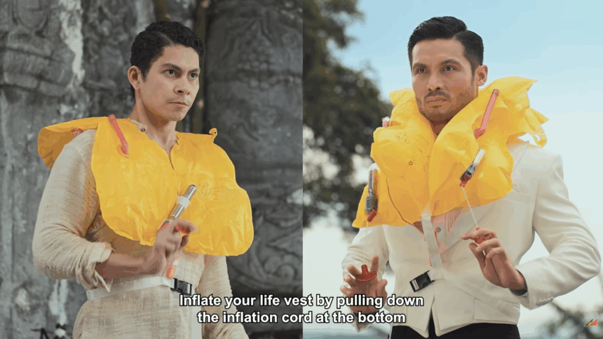 Two men wearing life vests in a confrontation.