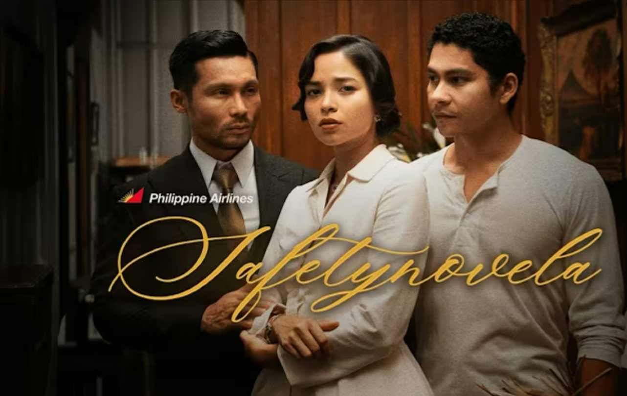 One woman surrounded by two men; "Philippine Airlines"; "A Safety Novela"